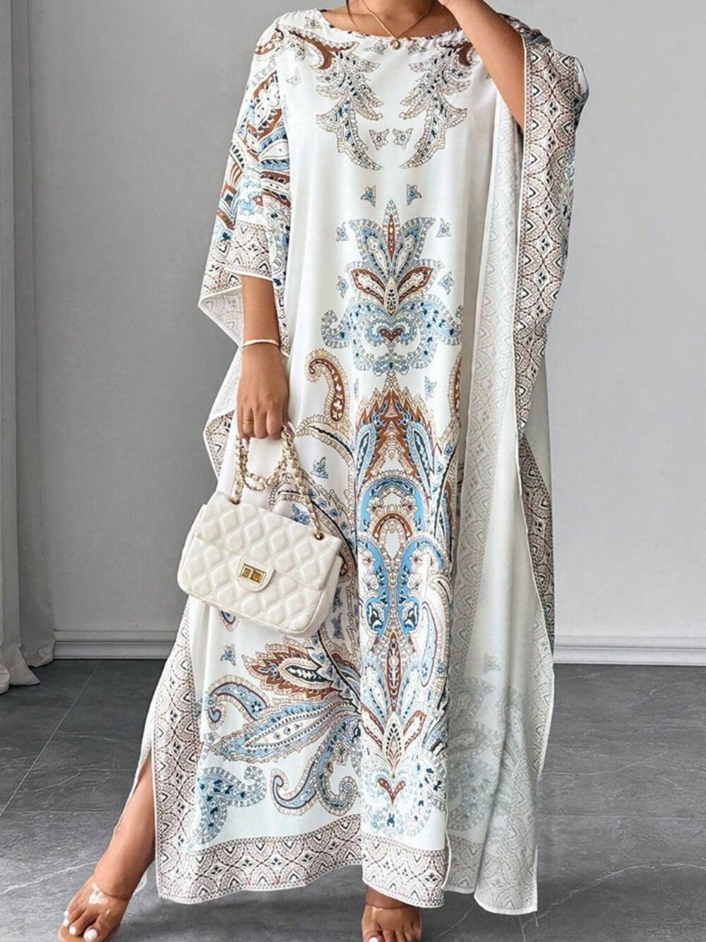 Multicolor Modest Women's Batwing Sleeve Round Neck Printed Loose Dress